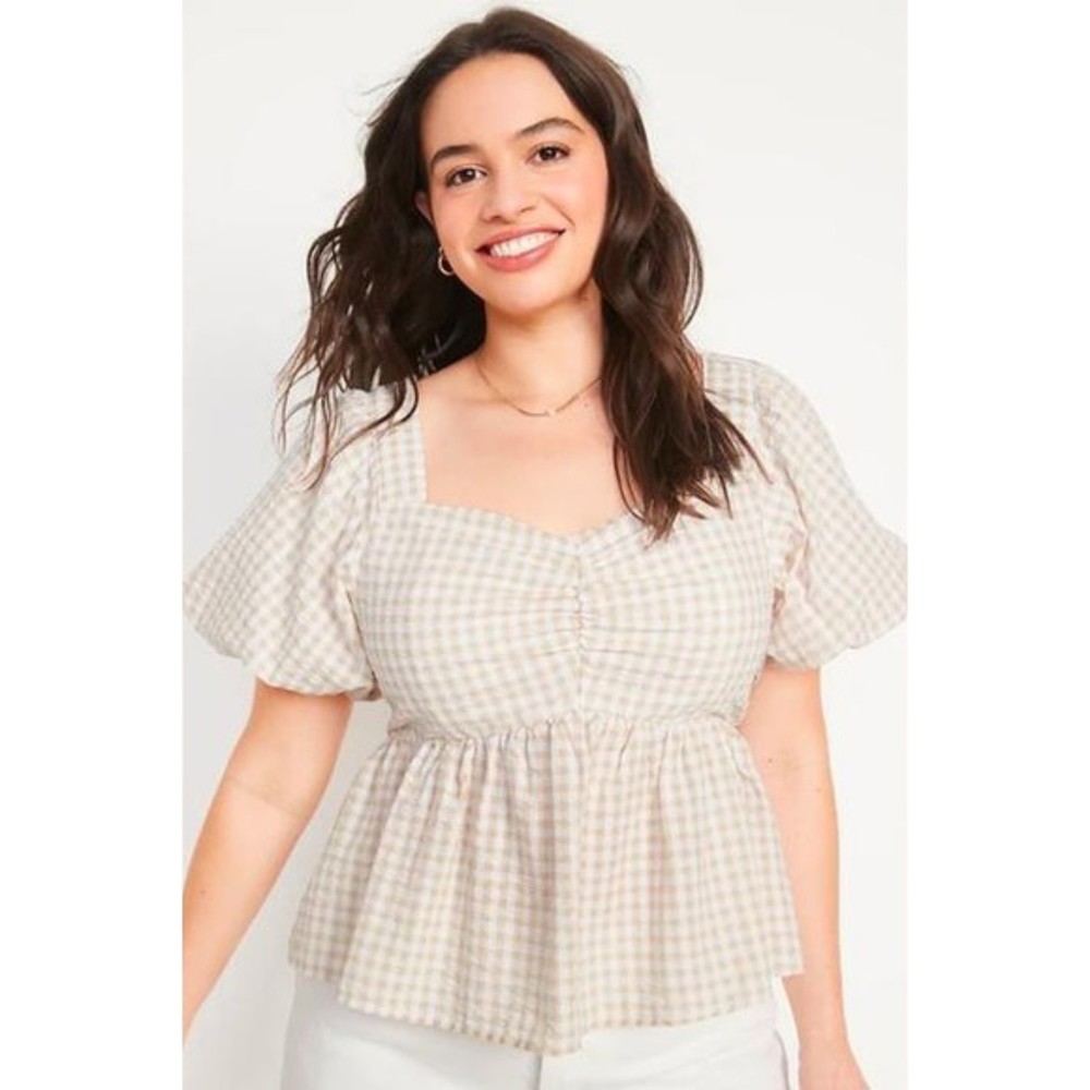 Old Navy Tan & White Gingham Puff Sleeve Smocked Babydoll Swing Blouse NWT
